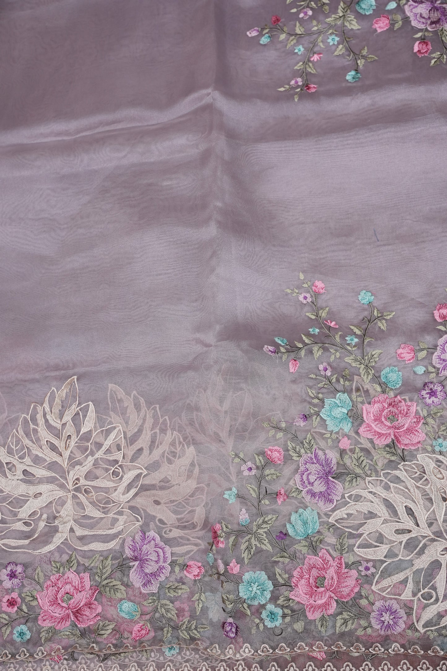 Party Wear Pure Organza Saree with Floral Embroidered Border - Light Lavender Pastel