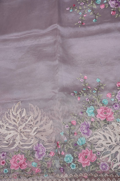 Party Wear Pure Organza Saree with Floral Embroidered Border - Light Lavender Pastel