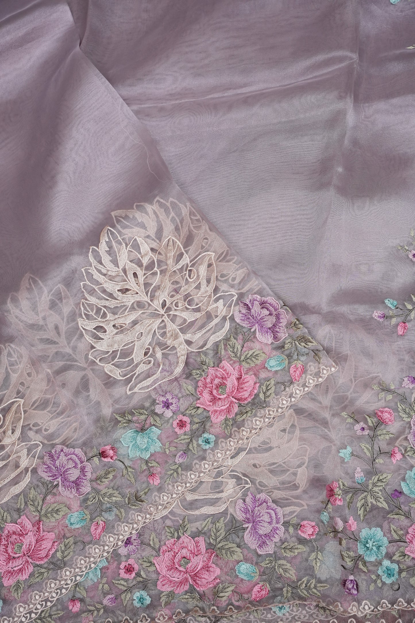 Party Wear Pure Organza Saree with Floral Embroidered Border - Light Lavender Pastel
