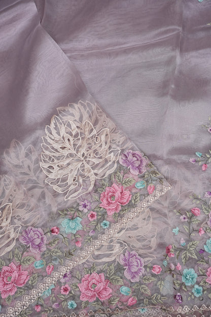 Party Wear Pure Organza Saree with Floral Embroidered Border - Light Lavender Pastel