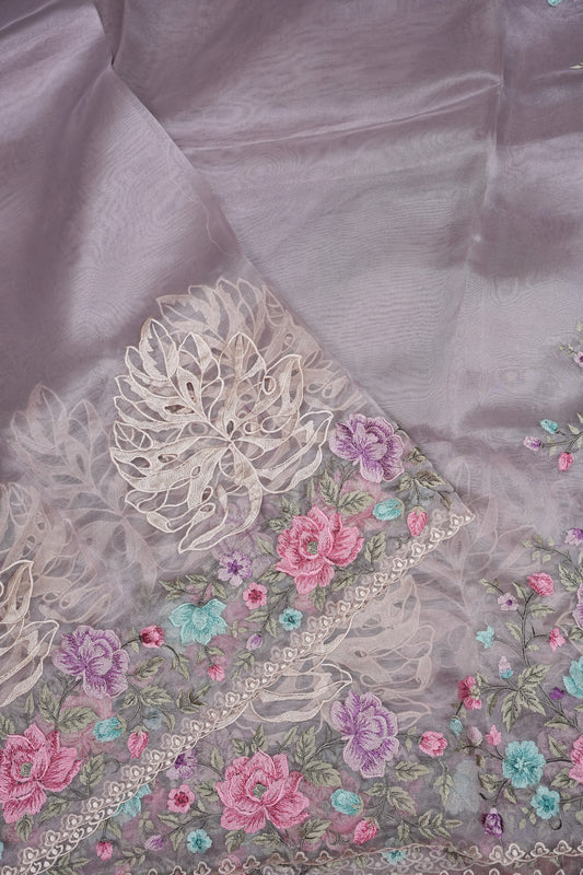 Party Wear Pure Organza Saree with Floral Embroidered Border - Light Lavender Pastel