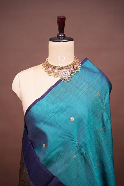 Teal Blue & Navy Border Pure Kanchivaram Silk Saree with Rich Gold Zari Pallu|Silk Mark Certified
