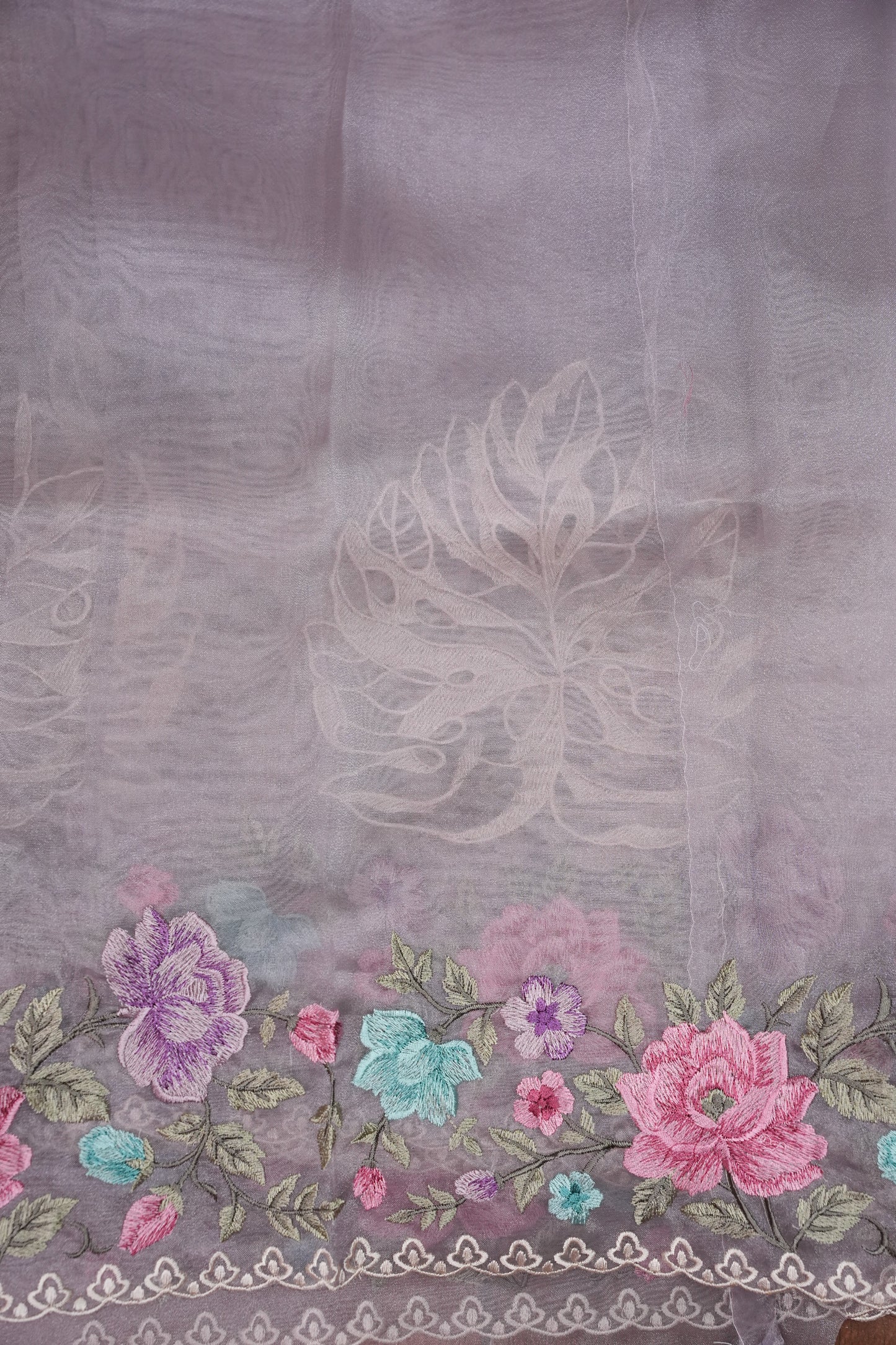 Party Wear Pure Organza Saree with Floral Embroidered Border - Light Lavender Pastel