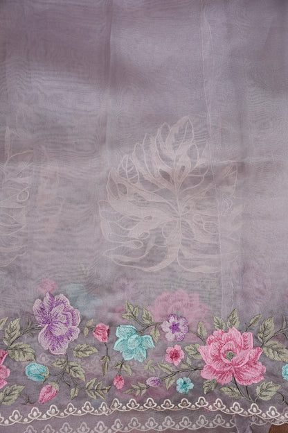 Party Wear Pure Organza Saree with Floral Embroidered Border - Light Lavender Pastel