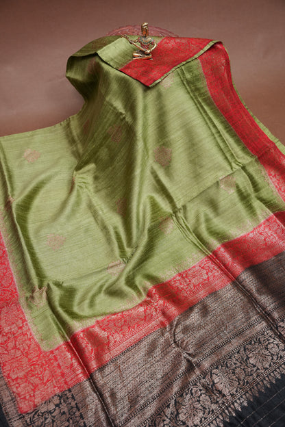 Olive Green Pure Tussar Raw Silk Saree with 3D Contrast Antique Zari Borders|Silk Mark Certified