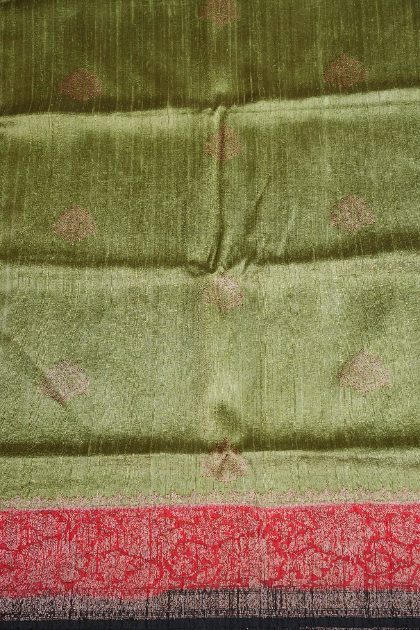 Olive Green Pure Tussar Raw Silk Saree with 3D Contrast Antique Zari Borders|Silk Mark Certified