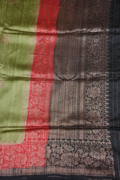 Olive Green Pure Tussar Raw Silk Saree with 3D Contrast Antique Zari Borders|Silk Mark Certified