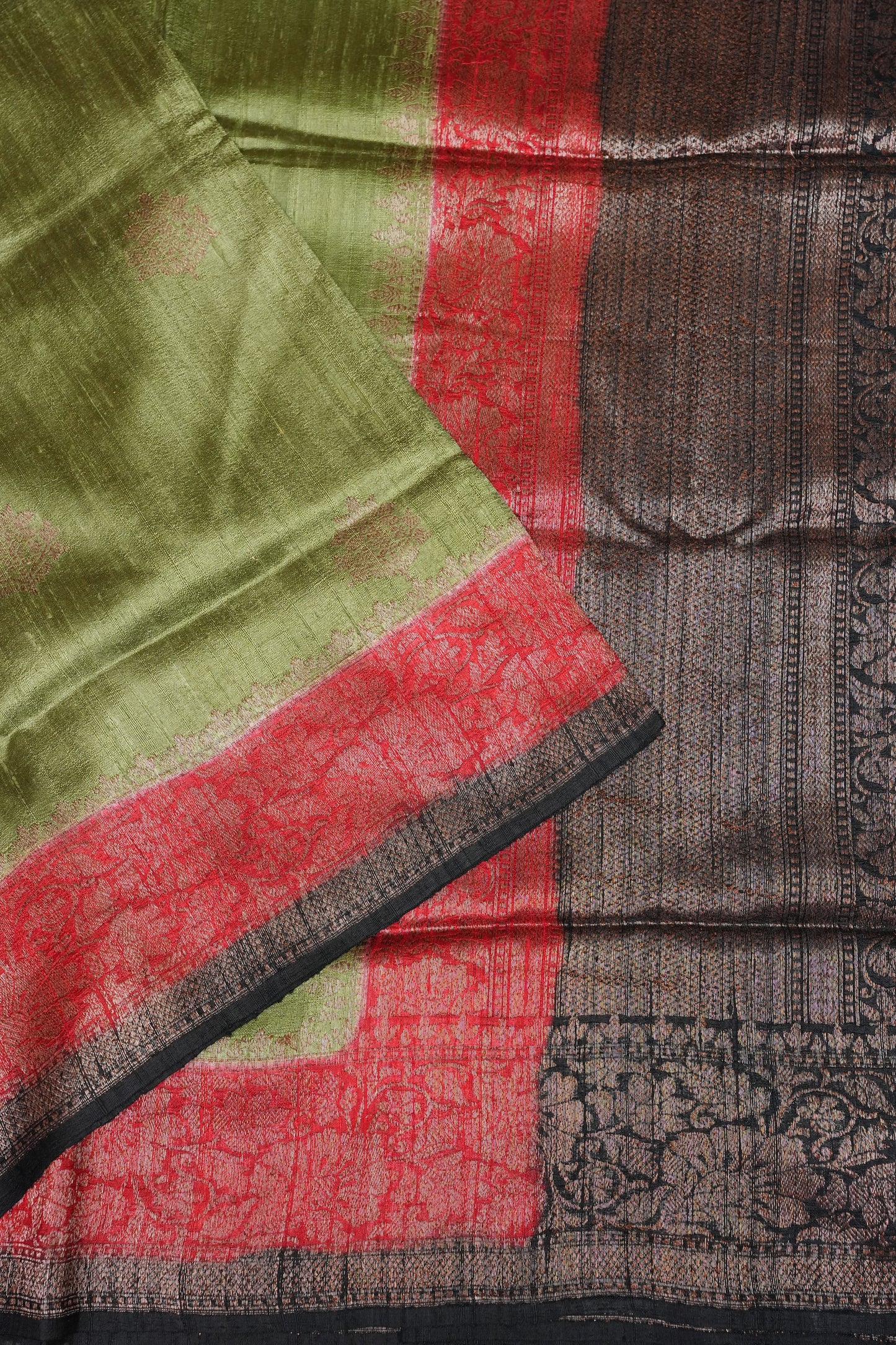 Olive Green Pure Tussar Raw Silk Saree with 3D Contrast Antique Zari Borders|Silk Mark Certified