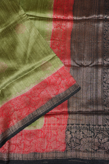 Olive Green Pure Tussar Raw Silk Saree with 3D Contrast Antique Zari Borders|Silk Mark Certified