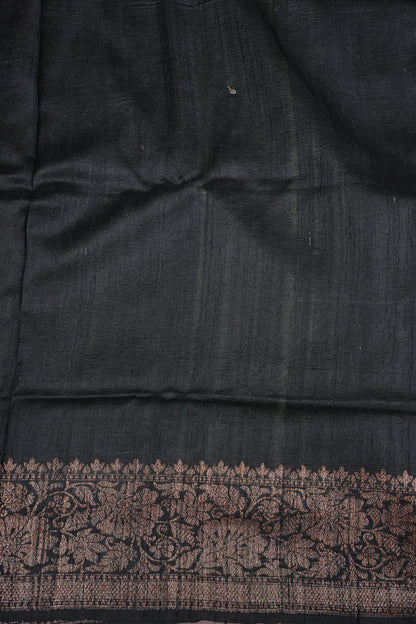 Olive Green Pure Tussar Raw Silk Saree with 3D Contrast Antique Zari Borders|Silk Mark Certified