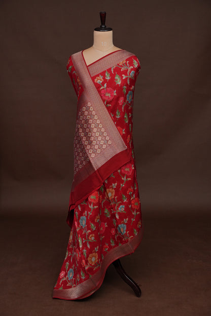 Tussar Banarasi Raw Silk Saree with Floral Paithani Weaves – Deep Red