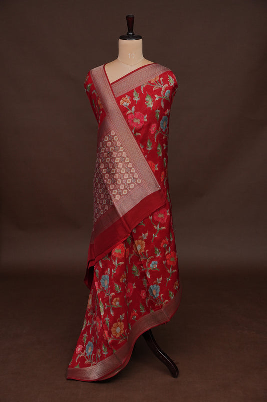 Tussar Banarasi Raw Silk Saree with Floral Paithani Weaves – Deep Red