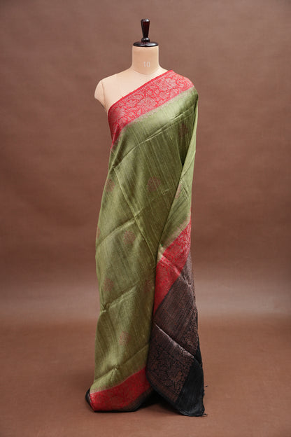 Olive Green Pure Tussar Raw Silk Saree with 3D Contrast Antique Zari Borders|Silk Mark Certified