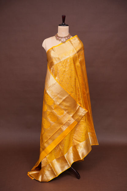 Radiant Mustard Gold Pure Kanchivaram Silk Saree with Rich Zari Weave|Silk Mark Certified