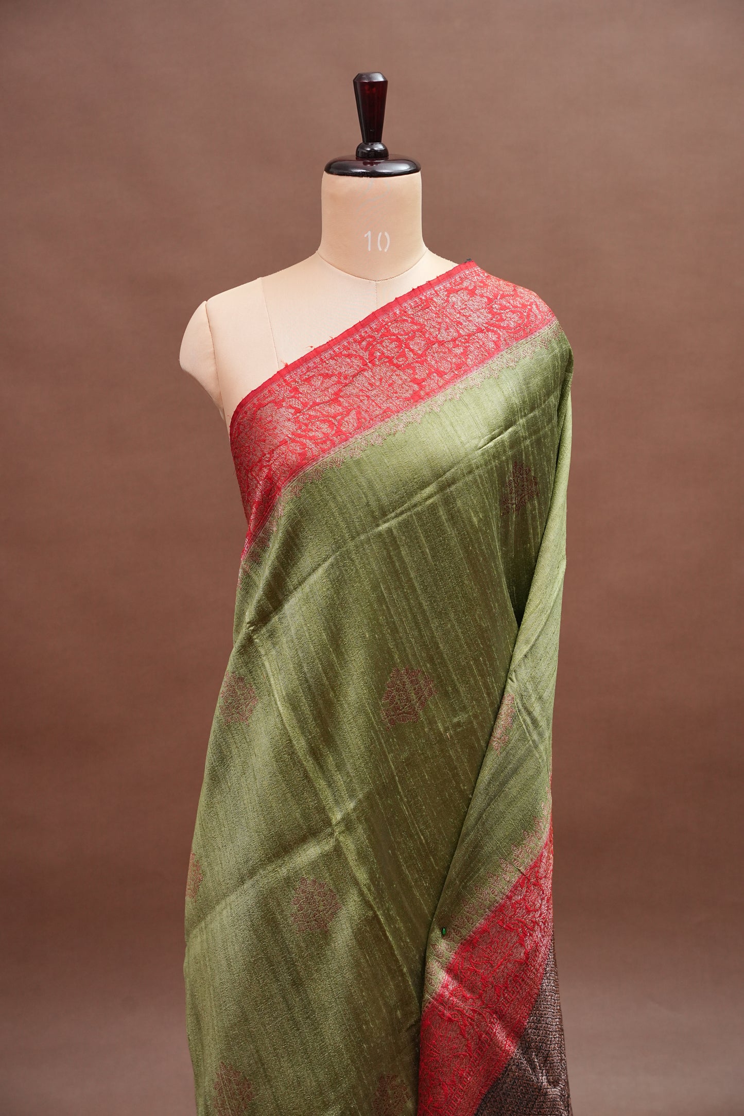 Olive Green Pure Tussar Raw Silk Saree with 3D Contrast Antique Zari Borders|Silk Mark Certified