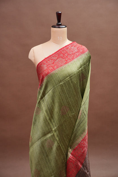 Olive Green Pure Tussar Raw Silk Saree with 3D Contrast Antique Zari Borders|Silk Mark Certified