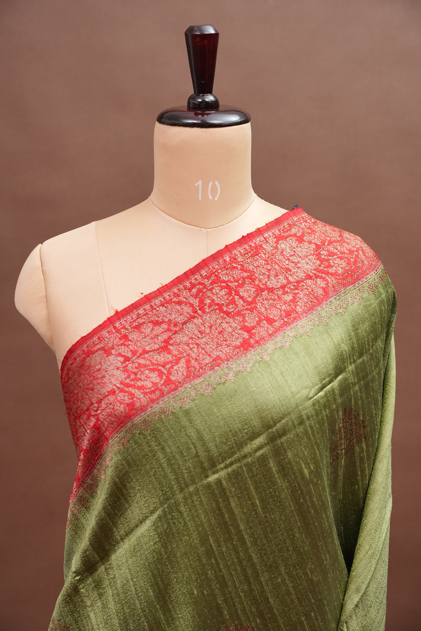 Olive Green Pure Tussar Raw Silk Saree with 3D Contrast Antique Zari Borders|Silk Mark Certified