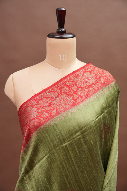 Olive Green Pure Tussar Raw Silk Saree with 3D Contrast Antique Zari Borders|Silk Mark Certified