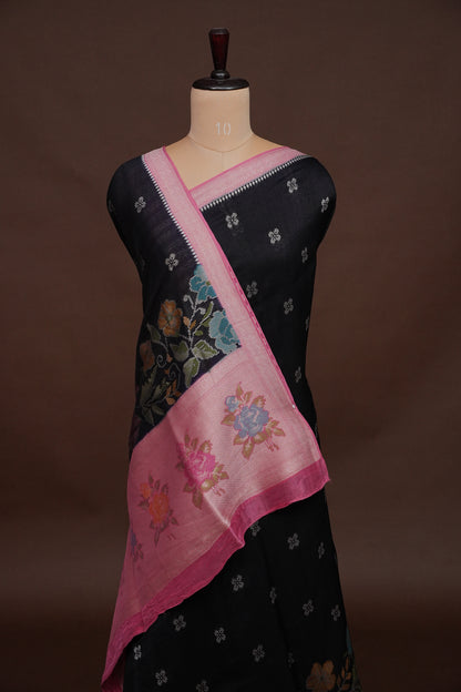 Tussar Banarasi Raw Silk Saree with Floral Paithani Weaves – Bottle Green & Pink