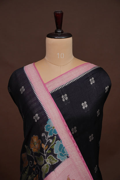 Tussar Banarasi Raw Silk Saree with Floral Paithani Weaves – Bottle Green & Pink