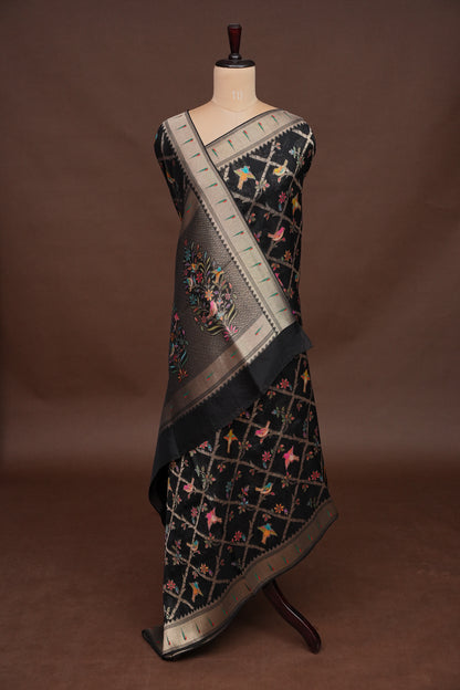 Tussar Banarasi Raw Silk Saree with Floral Paithani Weaves – Black