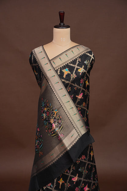 Tussar Banarasi Raw Silk Saree with Floral Paithani Weaves – Black