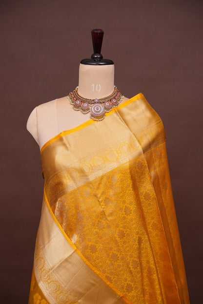 Radiant Mustard Gold Pure Kanchivaram Silk Saree with Rich Zari Weave|Silk Mark Certified
