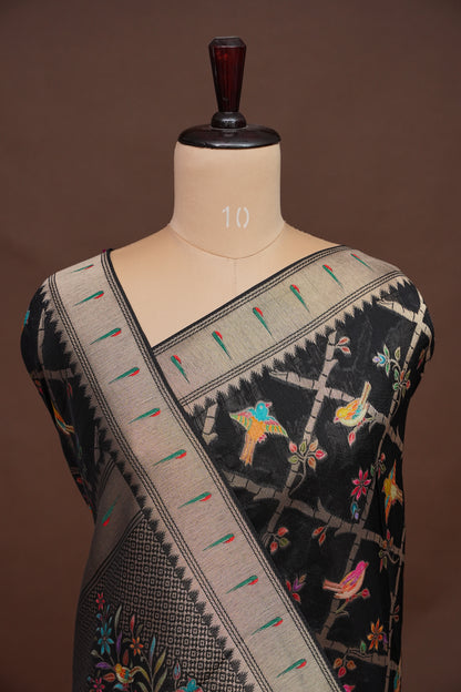 Tussar Banarasi Raw Silk Saree with Floral Paithani Weaves – Black