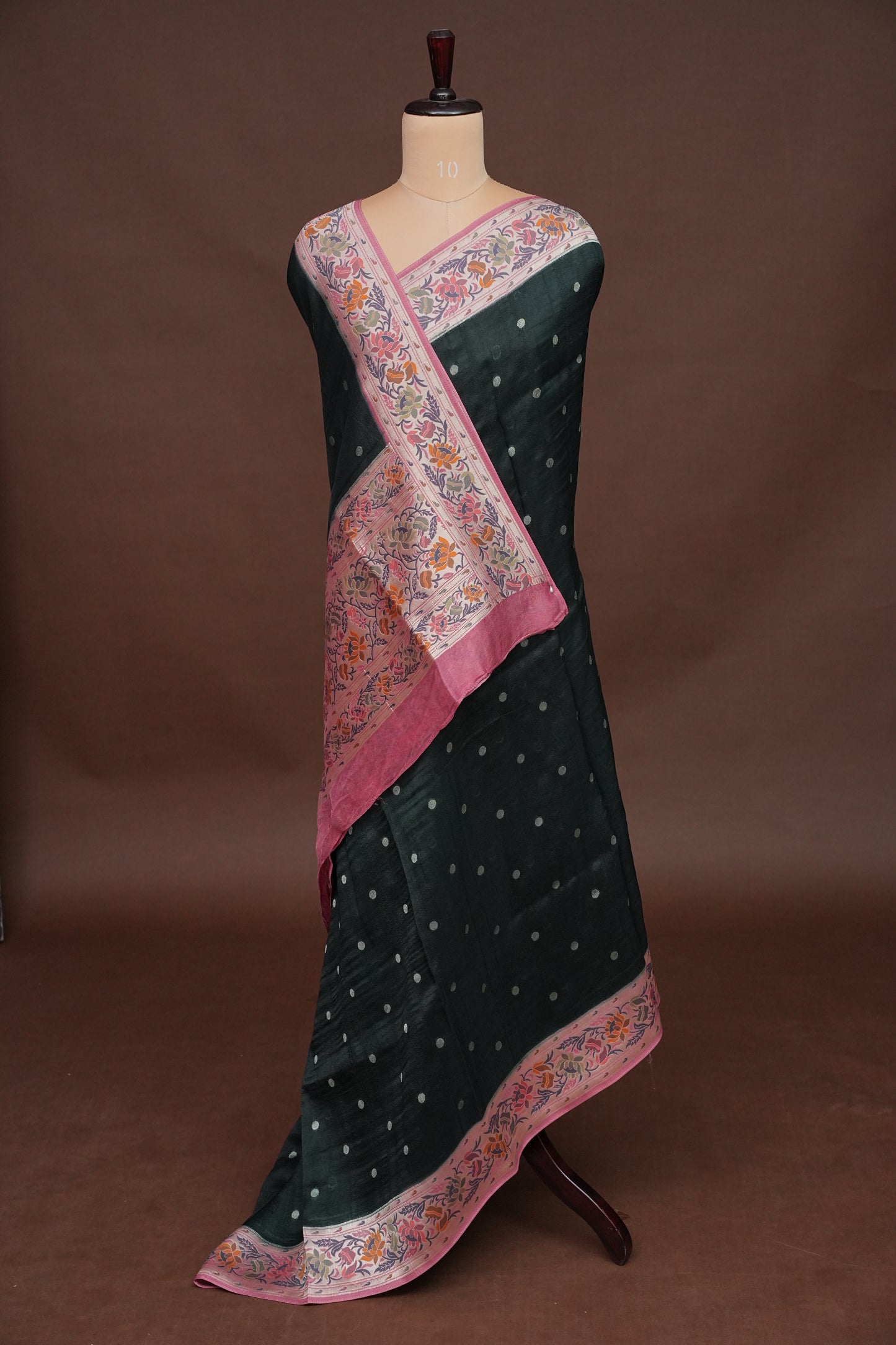Tussar Banarasi Raw Silk Saree with Floral Paithani Weaves – Bottle Green & Pink