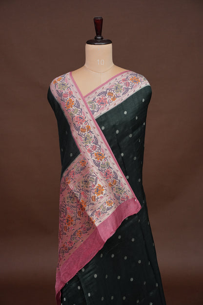 Tussar Banarasi Raw Silk Saree with Floral Paithani Weaves – Bottle Green & Pink