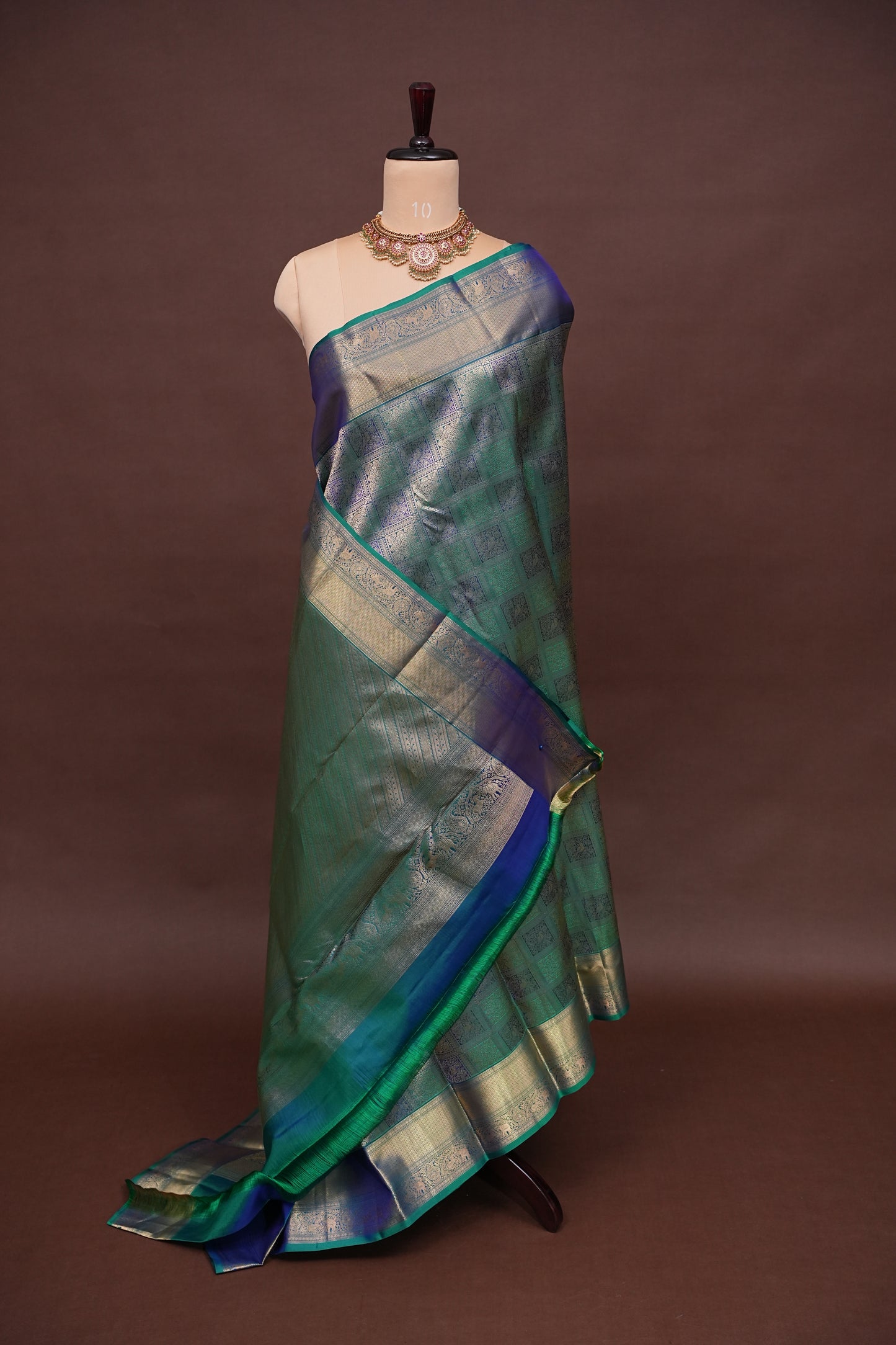 Teal & Blue Pure Kanchivaram Silk Saree with Rich Gold Zari Weave|Silk Mark Certified