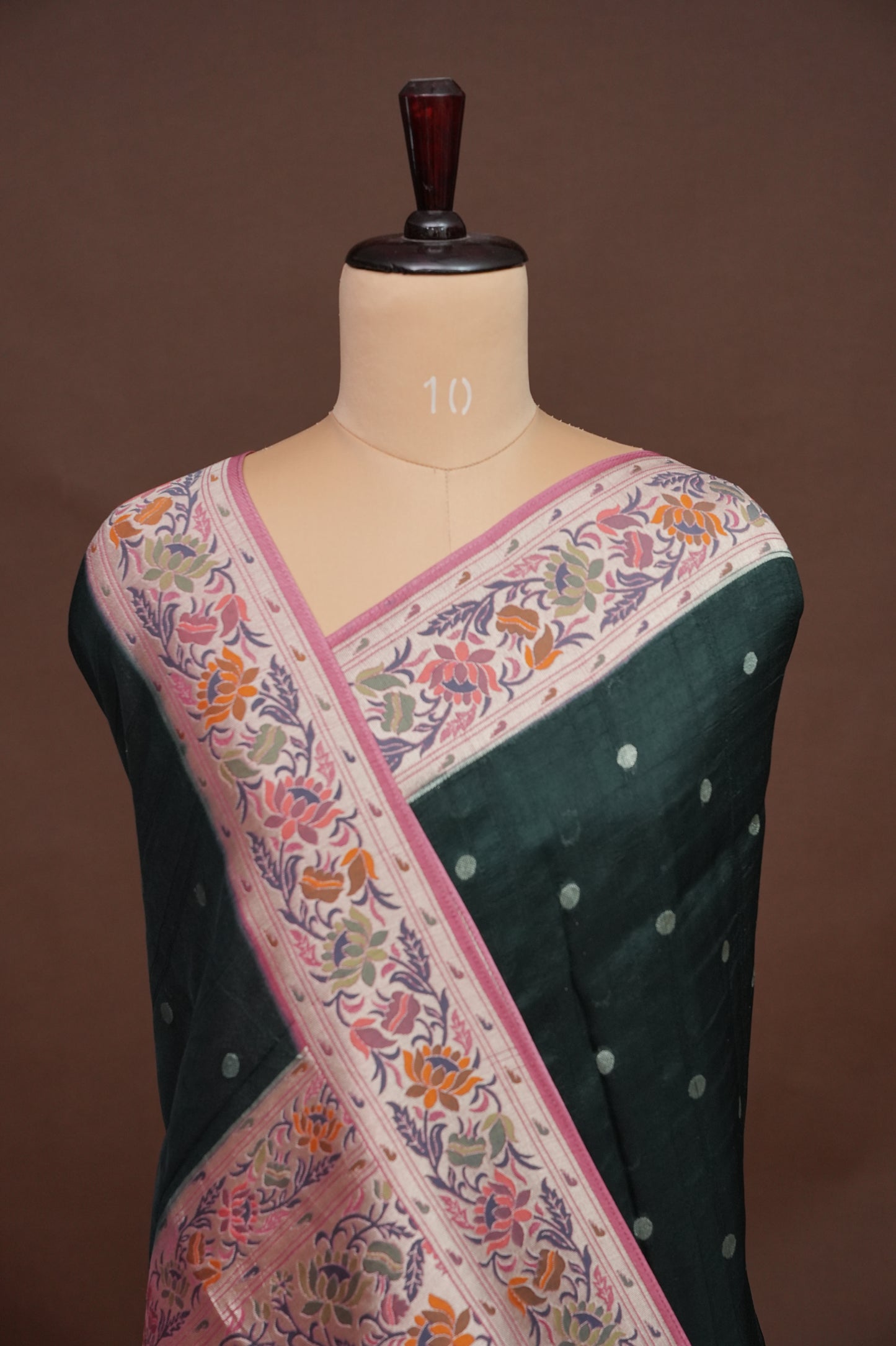 Tussar Banarasi Raw Silk Saree with Floral Paithani Weaves – Bottle Green & Pink