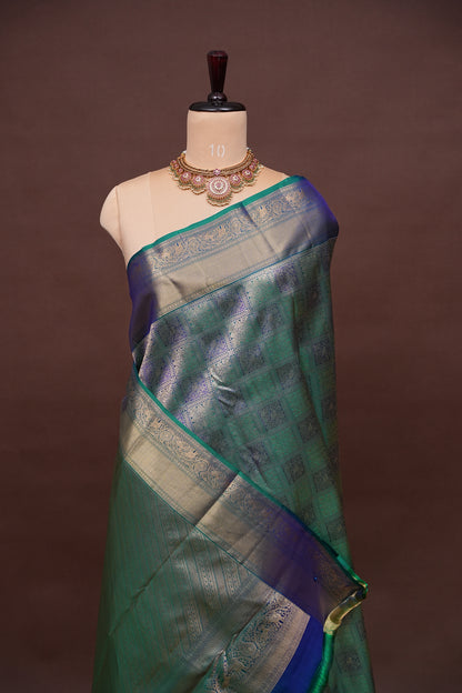Teal & Blue Pure Kanchivaram Silk Saree with Rich Gold Zari Weave|Silk Mark Certified