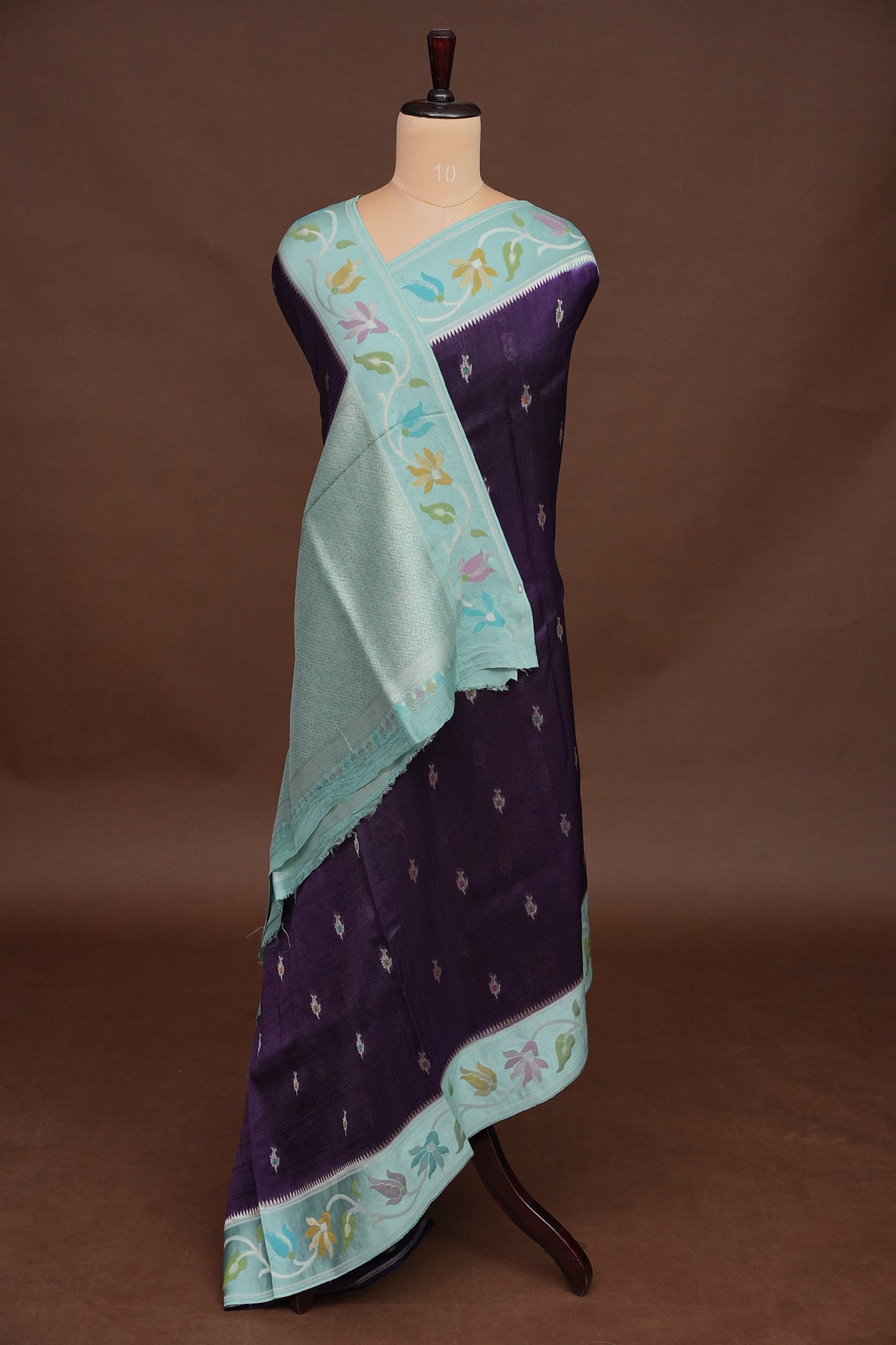 Tussar Banarasi Raw Silk Saree with Floral Paithani Weaves – Deep Purple & Aqua Blue