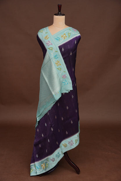 Tussar Banarasi Raw Silk Saree with Floral Paithani Weaves – Deep Purple & Aqua Blue
