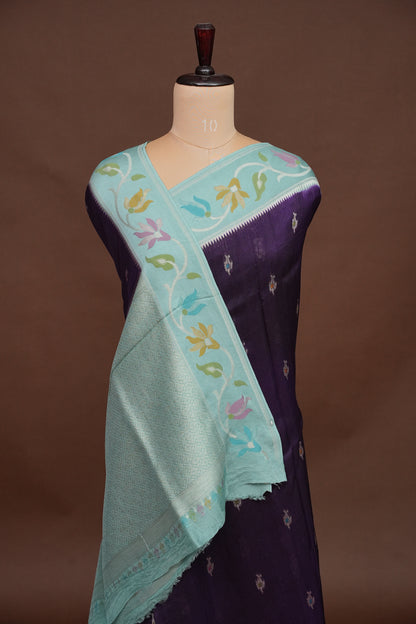Tussar Banarasi Raw Silk Saree with Floral Paithani Weaves – Deep Purple & Aqua Blue
