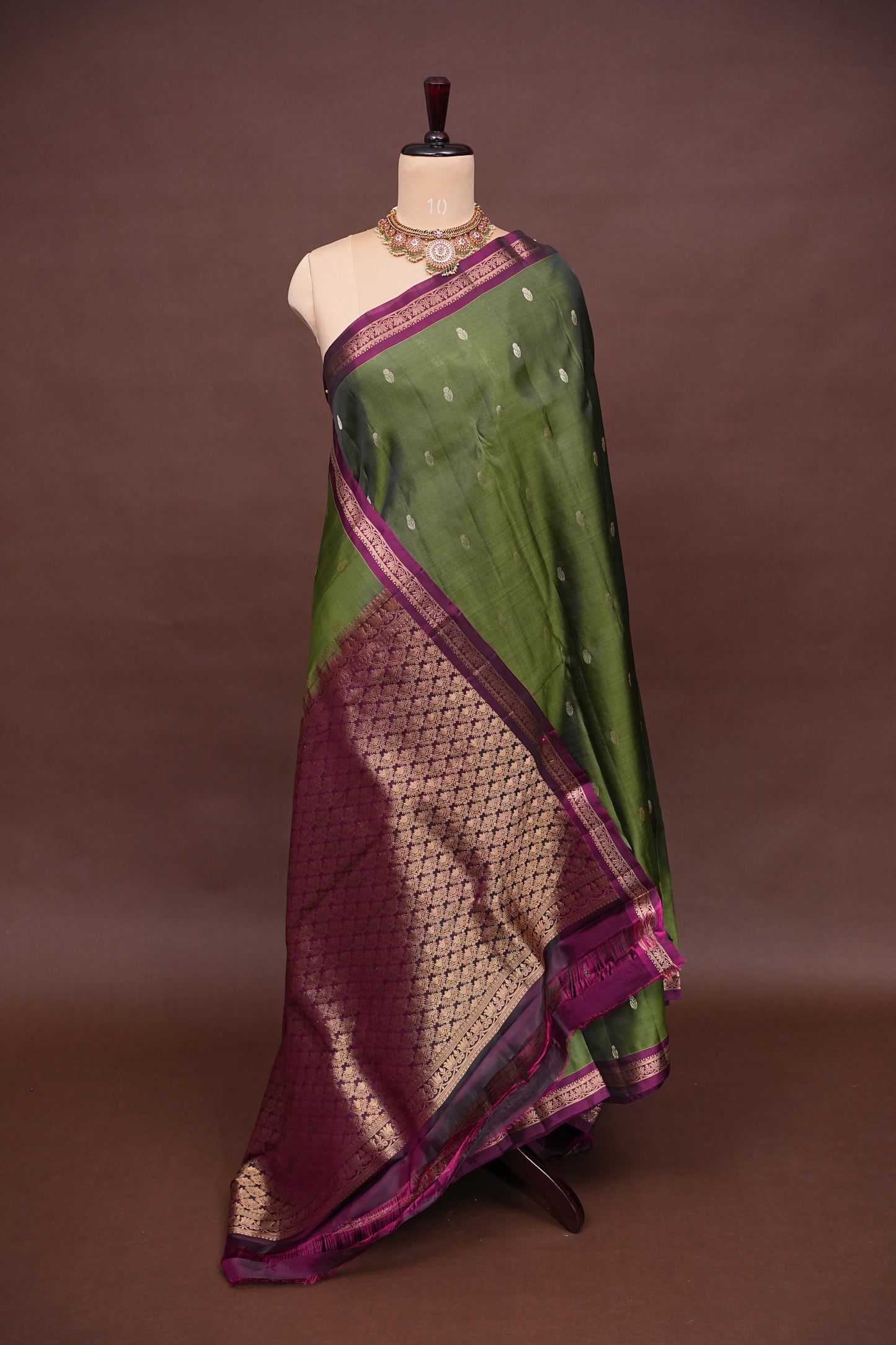 Olive Green Soft Silk Saree with Contrast Deep Purple Border