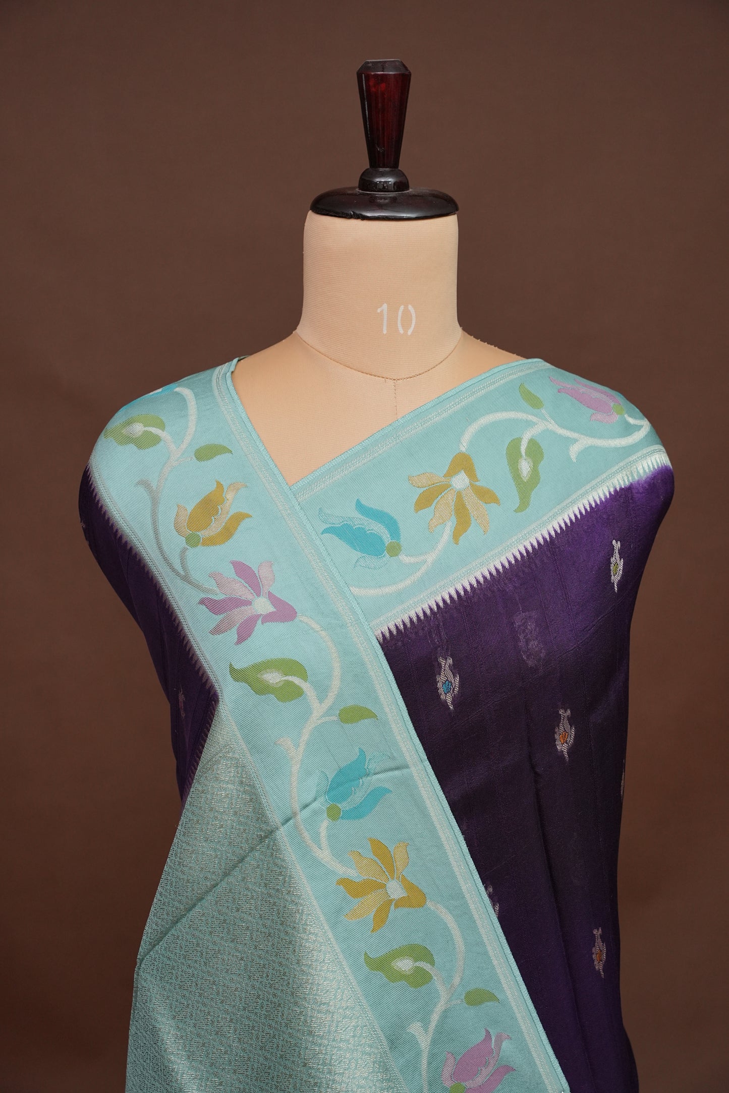 Tussar Banarasi Raw Silk Saree with Floral Paithani Weaves – Deep Purple & Aqua Blue