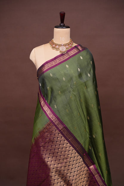 Olive Green Soft Silk Saree with Contrast Deep Purple Border