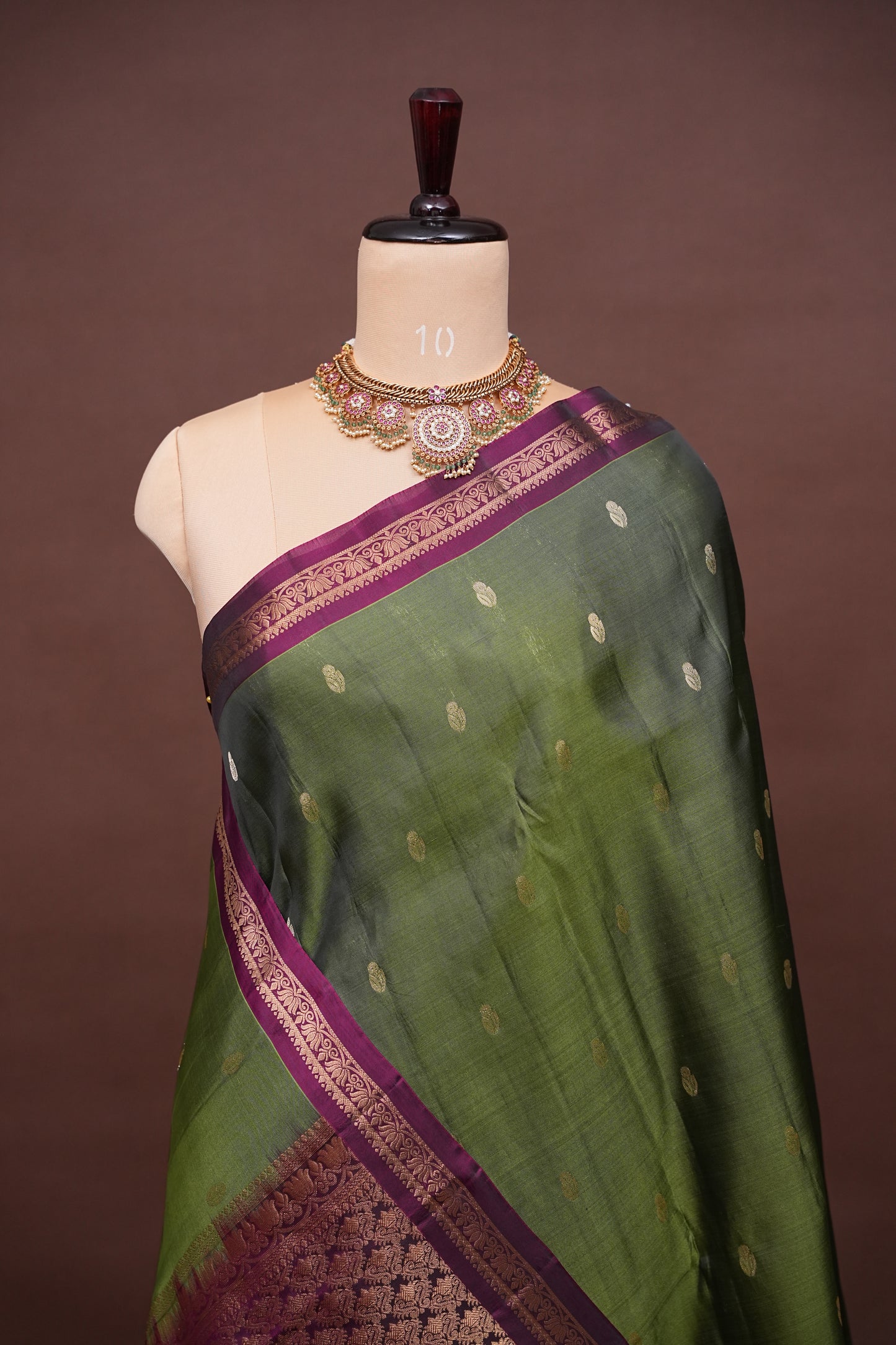 Olive Green Soft Silk Saree with Contrast Deep Purple Border