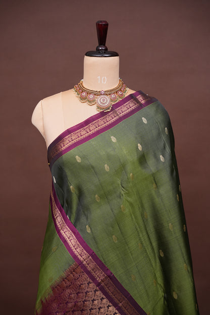 Olive Green Soft Silk Saree with Contrast Deep Purple Border