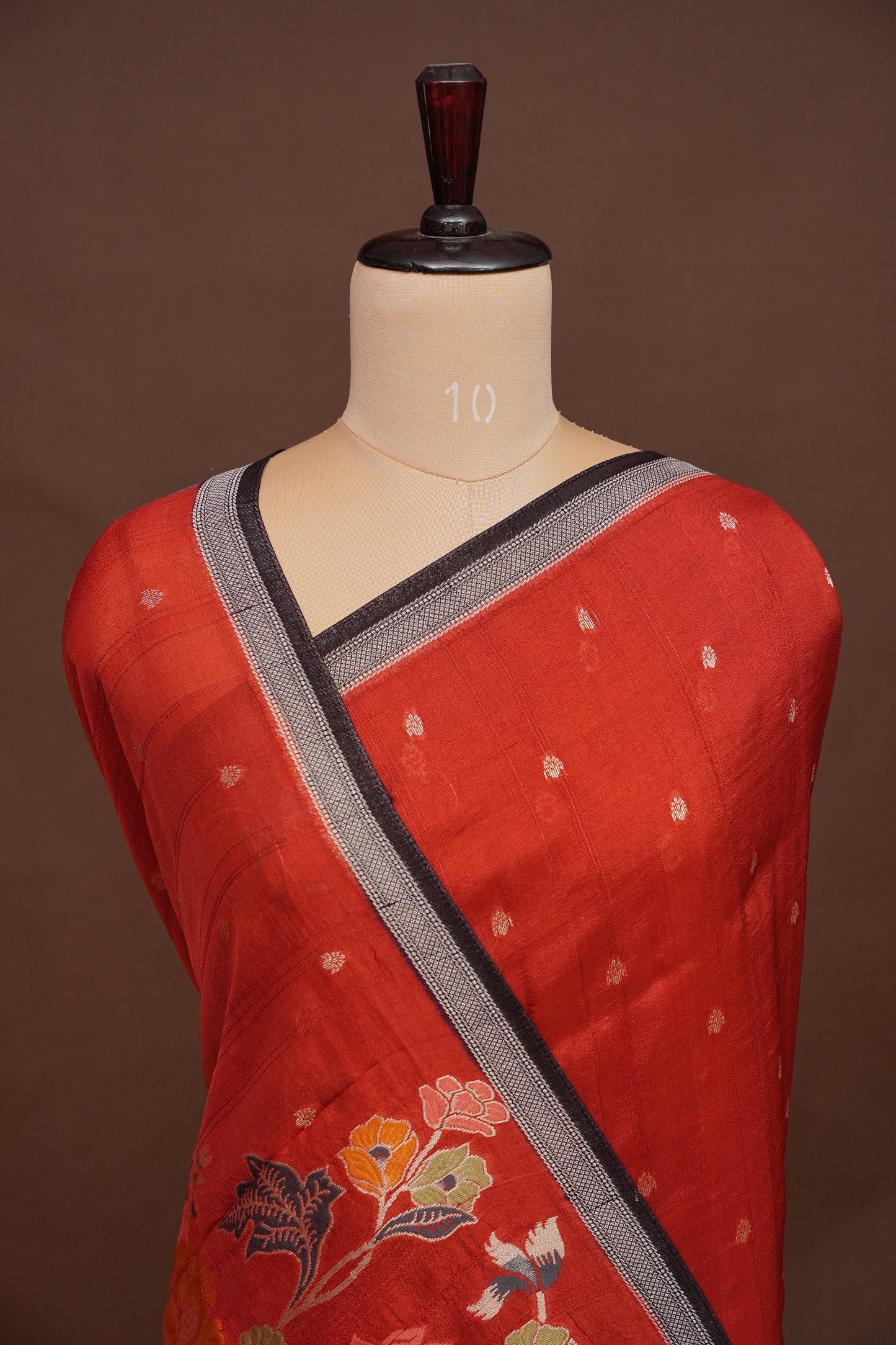 Tussar Banarasi Raw Silk Saree  with Floral Paithani Weaves – Burnt Orange & Black