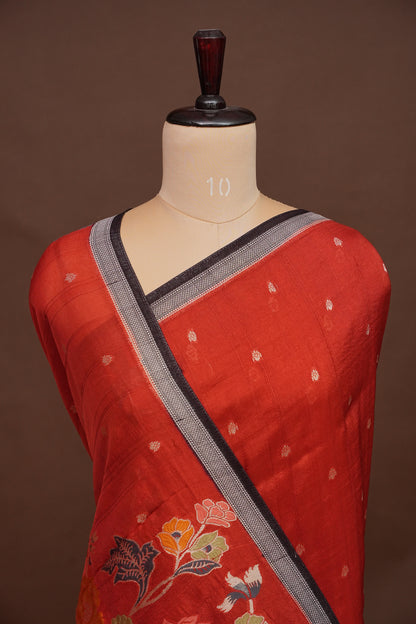 Tussar Banarasi Raw Silk Saree  with Floral Paithani Weaves – Burnt Orange & Black