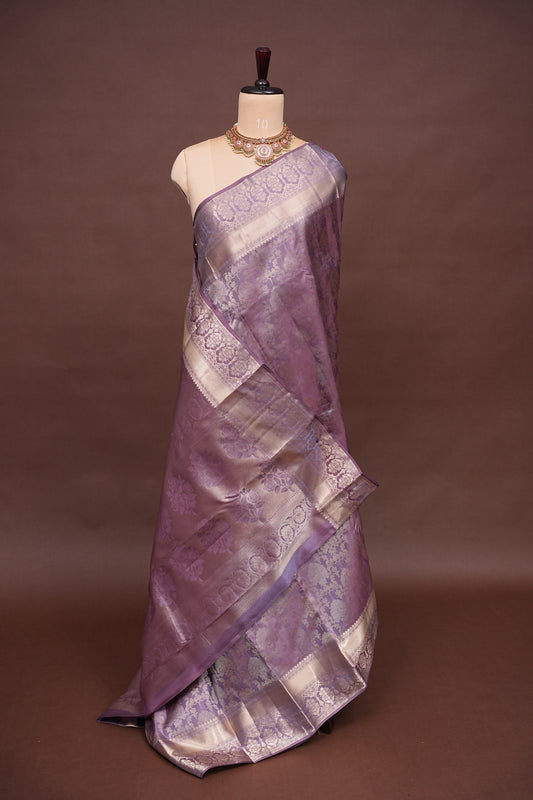 Soft Dusty Lavender Pure Kanchivaram Silk Saree with Antique Gold Zari Floral Weaving|Silk Mark Certified