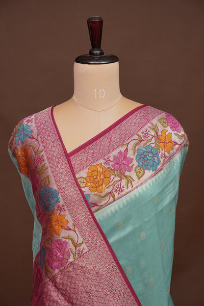 Tussar Banarasi Raw Silk Saree with Floral Paithani Weaves – Aqua Green