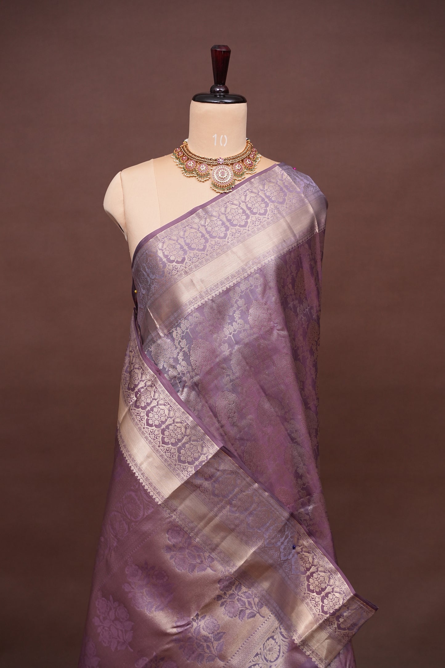 Soft Dusty Lavender Pure Kanchivaram Silk Saree with Antique Gold Zari Floral Weaving|Silk Mark Certified