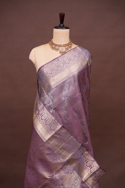 Soft Dusty Lavender Pure Kanchivaram Silk Saree with Antique Gold Zari Floral Weaving|Silk Mark Certified