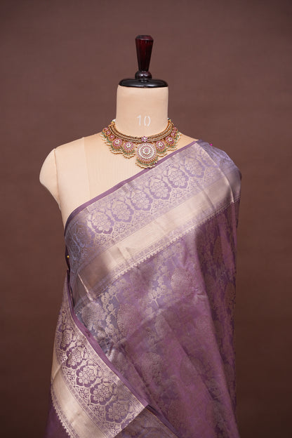 Soft Dusty Lavender Pure Kanchivaram Silk Saree with Antique Gold Zari Floral Weaving|Silk Mark Certified