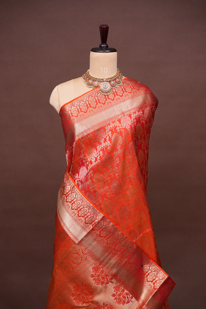 Pure Kanchivaram Silk Saree with Rich Gold Zari Weaving - Vibrant Coral Orange
