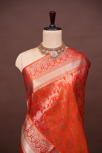 Pure Kanchivaram Silk Saree with Rich Gold Zari Weaving - Vibrant Coral Orange
